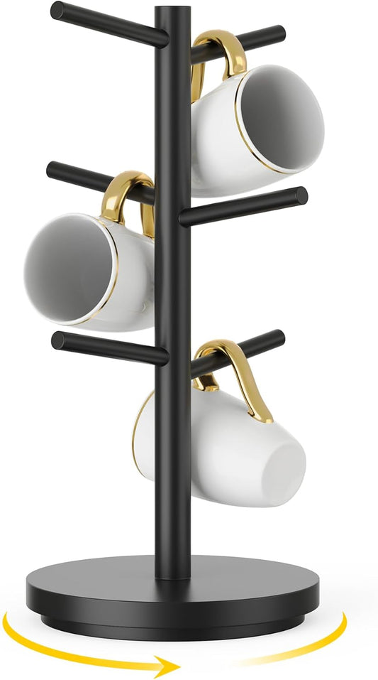 Wisuce Coffee Mug Holder Tree Upgraded 360Rotated Cup Holder for Counter Black Wood Cup Tree Mug Rack Organizer Stand with 6