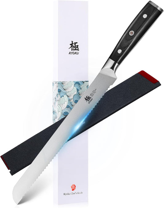 KYOKU 10" Serrated Bread Knife, Samurai Series Serrated Knife for Homemade Bread Pastries with Pakkawood Handle, Japanese
