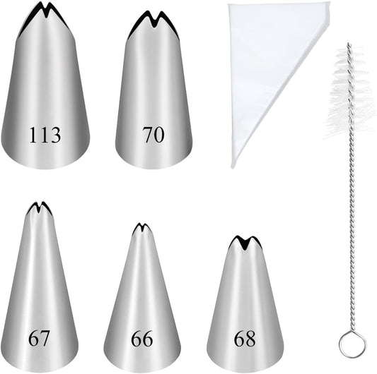 5PCS Piping Tips, Stainless Steel Cake Decorating Tips, Suitable for Pastry Fondant Cupcakes, with 50PCS Piping Bags, 1PCS