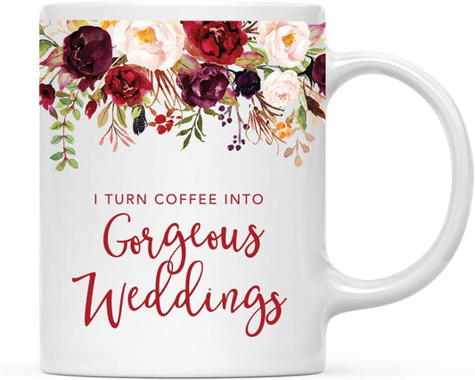 Andaz Press 11oz. Wedding Ceramic Coffee Tea Mug Gift for Wedding Planner, Fall Autumn Marsala Burgundy Flowers Roses