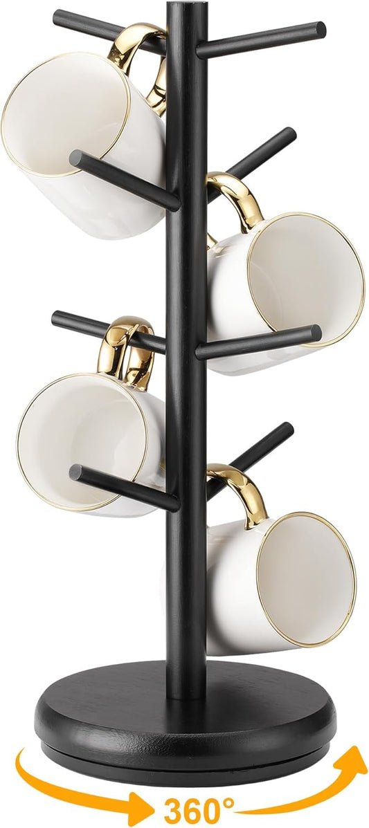 Lorbro Coffee Mug Tree, 360° Rotated Mug Holder with 8 Hooks, Wooden Coffee Cup Holder Rack Stand Accessories for Countertop