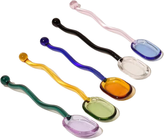 5 Pieces Glass Spoons, Creative Colored Transparent Coffee Milk Glass Dessert Stirring Spoon Curved Handle Tools for Tea