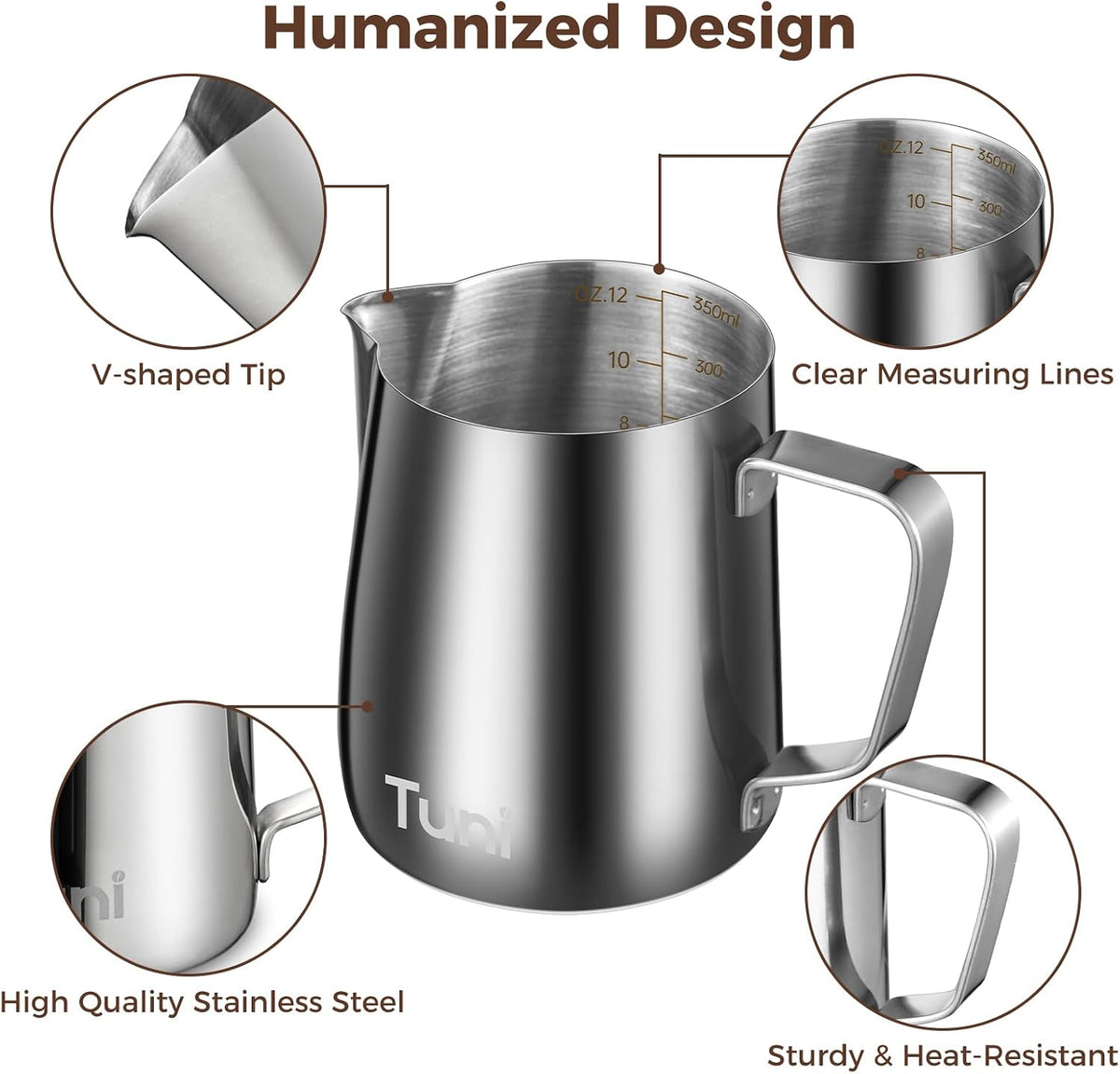 Tuni Milk Frothing Pitcher 12oz/350ml Stainless Steel Milk Jug Steaming Cup