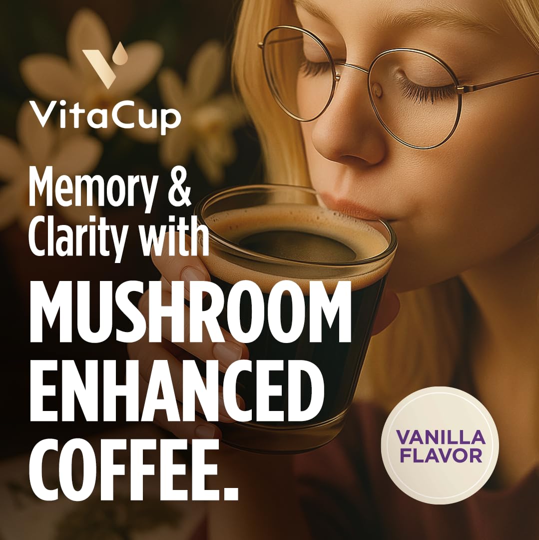 VitaCup Vanilla Flavored Mushroom Ground Coffee, 20oz, 2 Bags | 100% Arabica, Medium Dark Roast, Dark Roast, Boost Focus, Immunity, Memory &amp; Clarity, B Vitamins, D3, Chaga, Coffee Grounds,