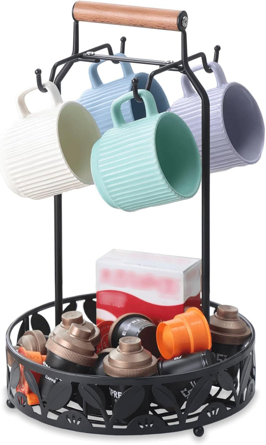 Mug Holder for Countertop, 2-in-1 Mug Tree for Large Mugs & Coffee Cup Stand with Storage Basket - Mug Rack & Organizer for