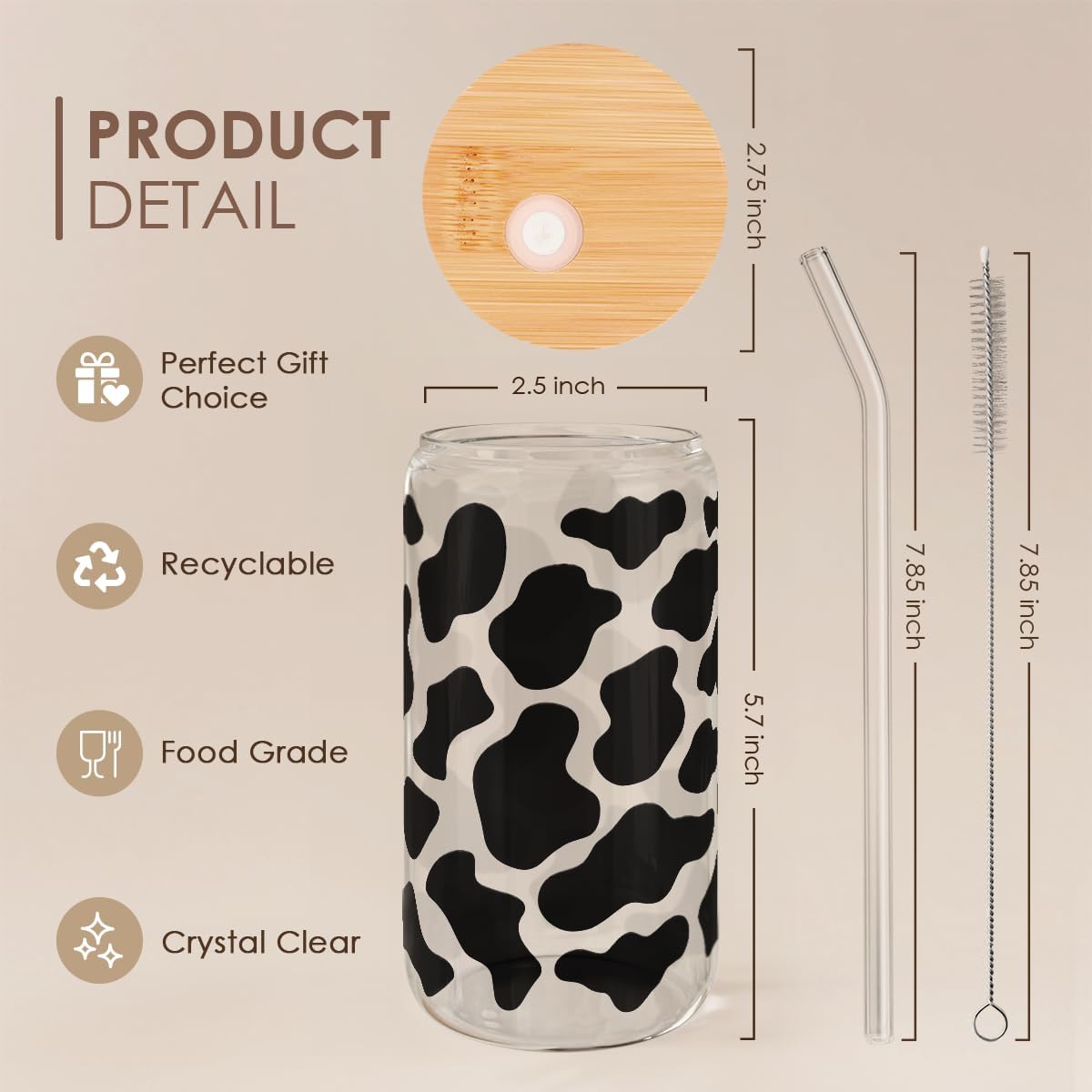 SANDJEST Cow Glass Can, Cow Prints Cup with Lid &amp; Straw, Iced Coffee Aesthetic Cups, Idea Gift for Christmas Birthday Mother Day, Gifts for Women, 16oz