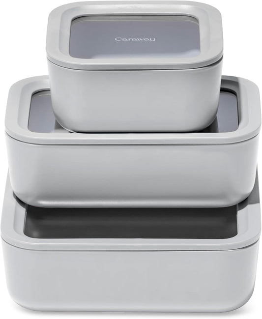 Caraway 3pc Glass Food Storage Set - 10, 6.6, & 4.4 Cup Containers - Ceramic Coated - Non-Toxic Non-Stick Lunch Box With