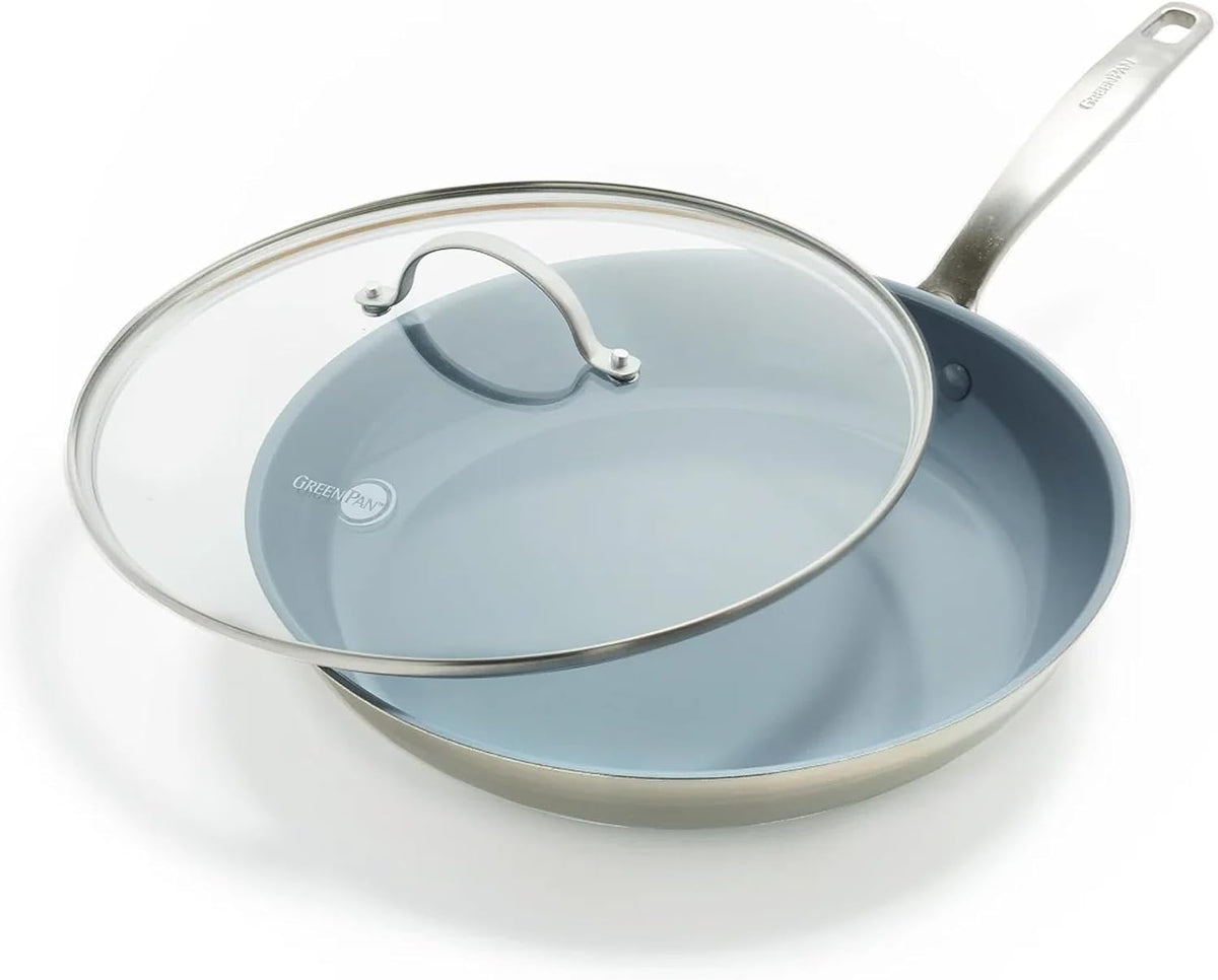 GreenPan Treviso Stainless Steel Healthy Ceramic Nonstick, 12" Frying Pan Skillet with Lid, PFAS-Free,Clad, Induction, Dishwasher Safe, Silver