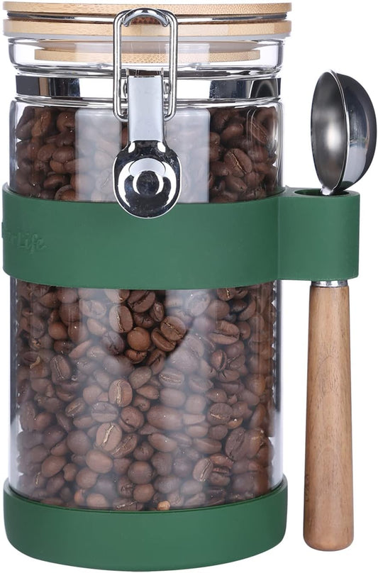 KKC Vacuum Sealed Coffee Bean Storage Container with Scoop for 1 lb Beans,Airtight Glass Coffee Jar Canister with