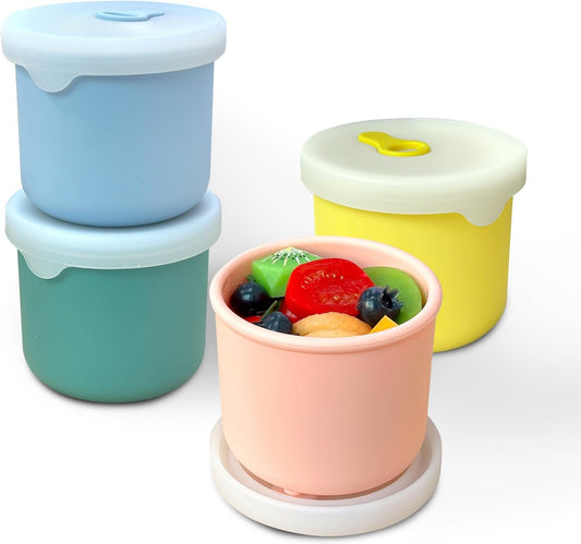 8.5 OZ Silicone Food Storage Containers, Baby Food Storage Jars with Airtight Lids and Snack Cup Lid, Freezer, Microwave and