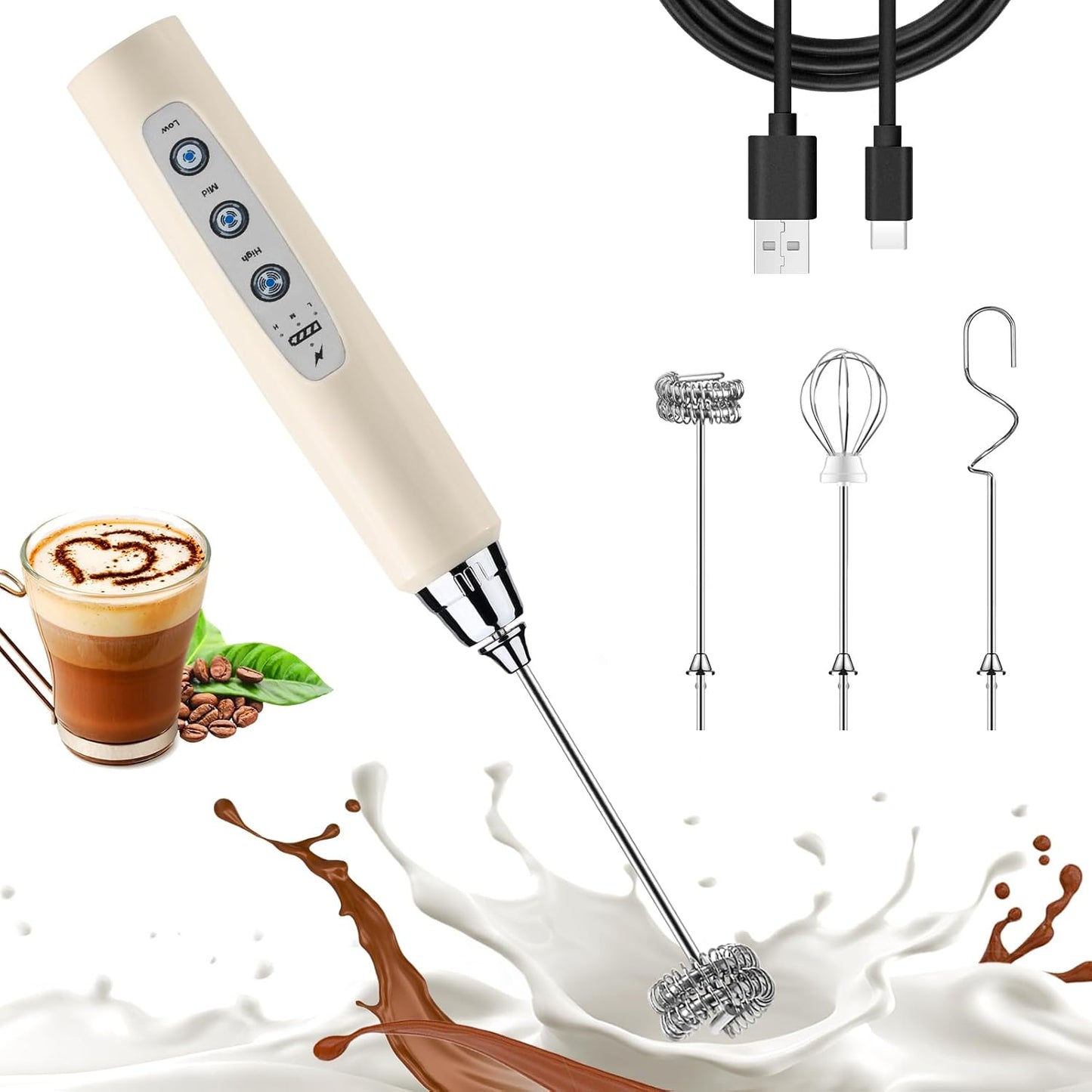 Nahida Beige Milk Frother Wand for Coffee, Frother Handheld Rechargeable Electric Whisk with 3 Heads