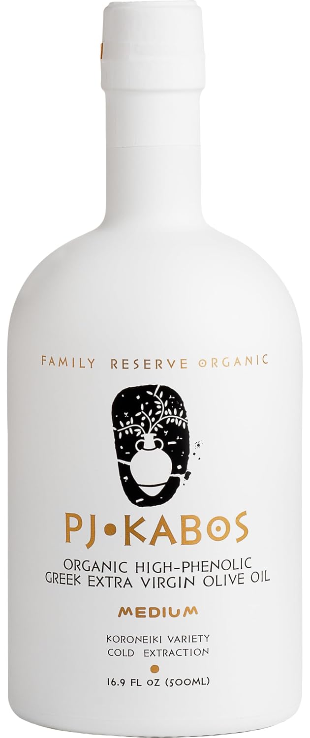 P.J. Kabos 2025 Gold Award Winner, High Phenolic (500+ mg/kg), USDA Organic Greek Extra Virgin Olive Oil, Kosher, Greece, Cold Extracted, 16.9oz