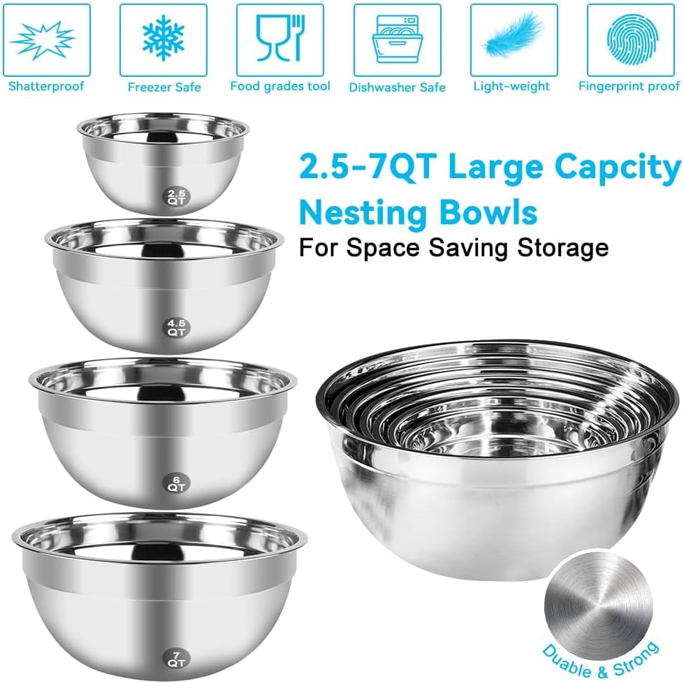 WEPSEN Hand Mixer Electric Mixing Bowls Set, 5 Speeds Handheld Mixer with 4 Nesting Stainless Steel Mixing Bowl, Measuring Cups Spoons 200W Kitchen Blender Whisk Beater Baking Supplies For Beginner