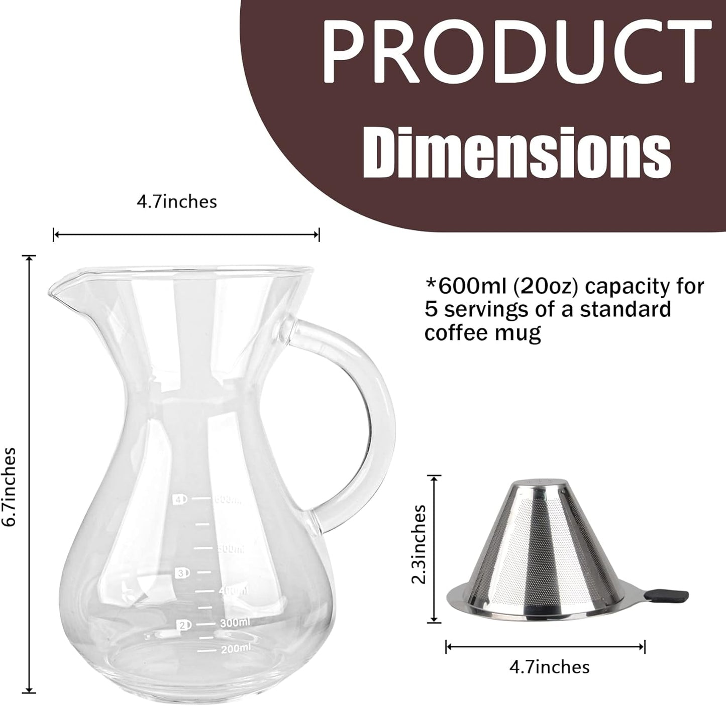 T-mark Pour Over Coffee Maker with Reusable Double-layer Stainless Steel Filter, 600ml/20oz BPA-Free Glass Coffee Carafe, Glass Coffee Maker, Coffee Dripper Brewer