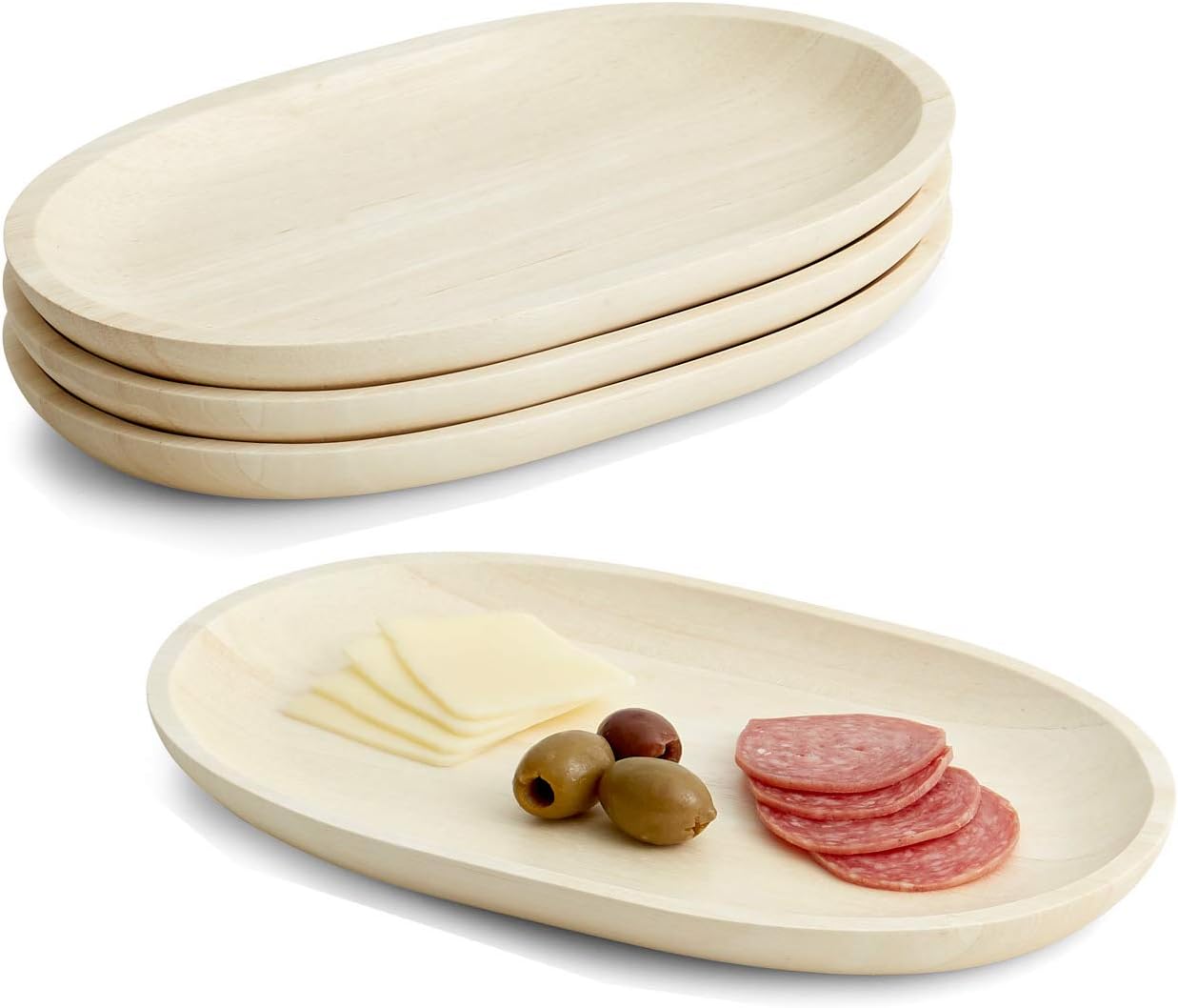 Woodard &amp; Charles Whitewash Oval Wood Serving Trays, 6" x 10", Set of 4 | Wood Oval Serving Tray; Perfect for Charcuterie, Cheese, Tapas, Sushi, Crudites and Appetizers for Parties or Everyday Use