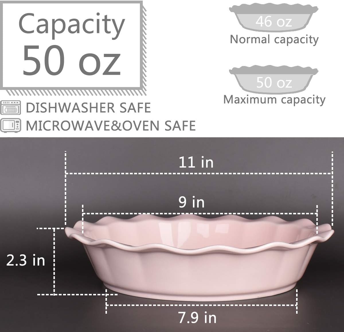 Ceramic Pie Pan, 9 Inches Pie Dish, 50 oz, Pie Plate for Baking, Microwave, Oven Safe and Dishwasher safe (Pink, 9 inches)
