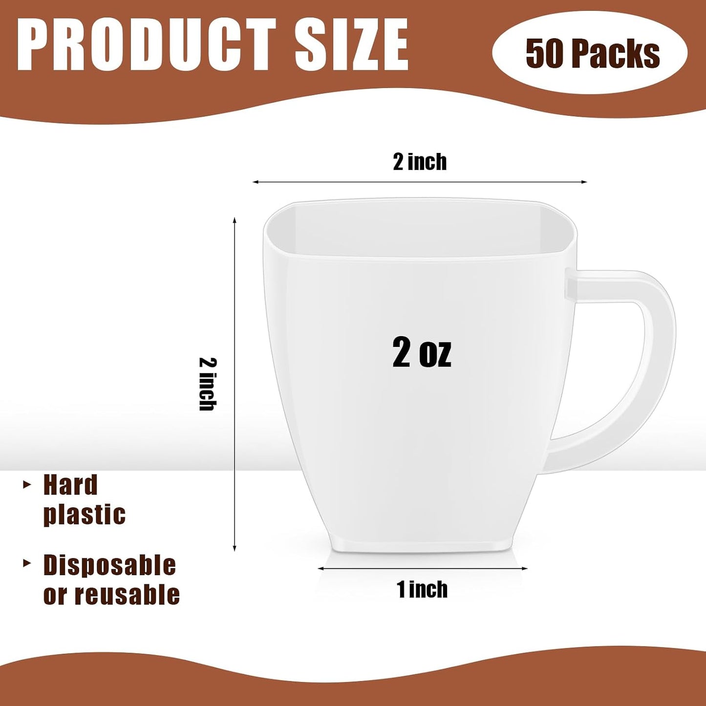 Amyhill 50 Pcs Mini Disposable Tea Cups with Handle, 2oz Hard Plastic Coffee Mug Bulk Plastic Square Disposable Espresso Cups for Wedding Tea Party Catering Dessert Sampling (White)