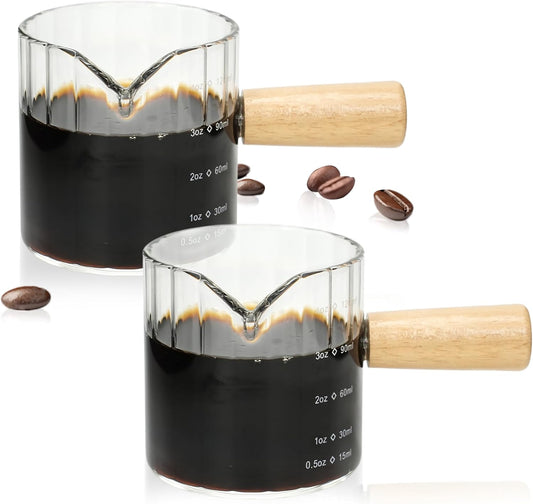 Espresso Cups Set of 2, 4 OZ Espresso Shot Glass with Handle V-Shaped Mouth, Ribbed Milk Frothing Pitcher, Glass Measuring