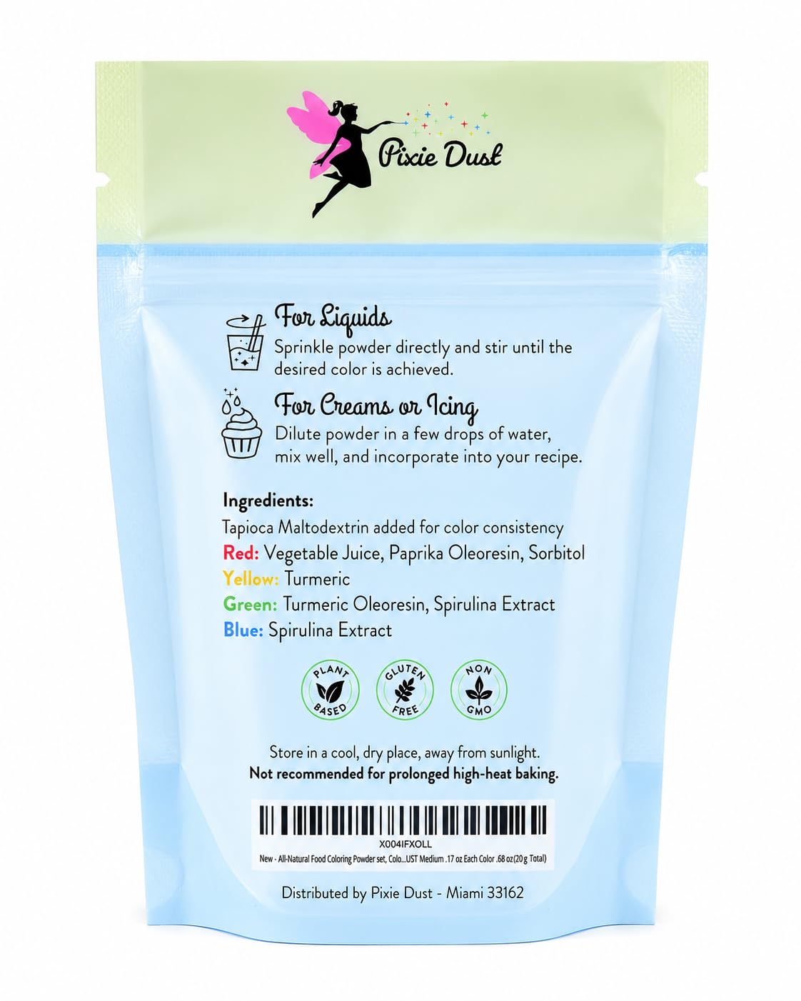 Pixie Dust Natural Food Coloring Powder, Red, Yellow, Blue &amp; Green Dye Free | Perfect for cake decorating, cookie frosting, icing &amp; drinks. Plant based, flavorless, kosher. Set of 4, 0.17 oz each.