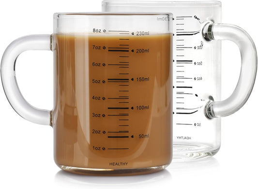 2 Piece Expresso shots cup,Glass measuring cup,8 Oz Glass Measuring Cup,Tea Glass Cups withHandles,Glass Coffee Cups for