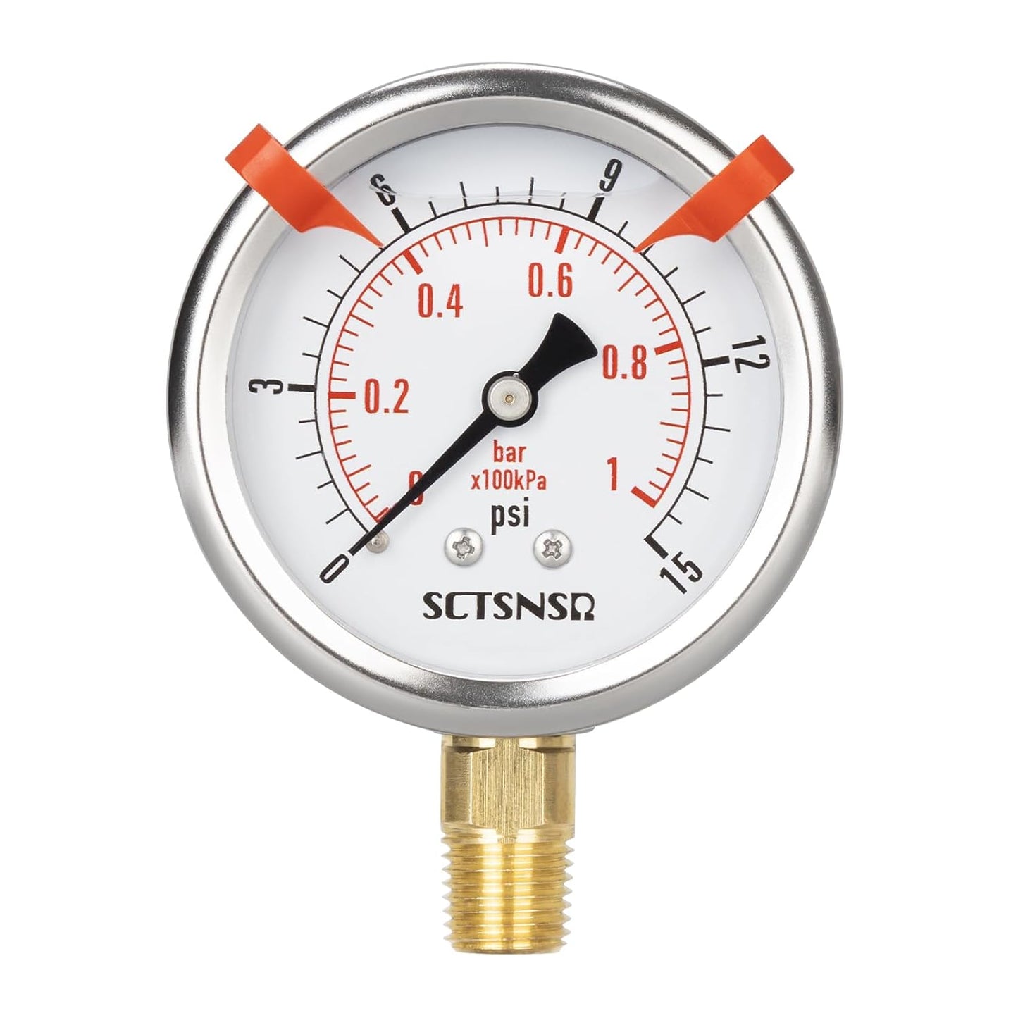 0 to 15 Psi Pressure Gauge, Liquid Filled, 1/4" NPT Lower Mount