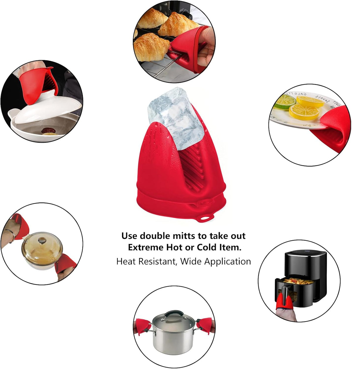 3 Pairs Silicone Oven Mitts Sets Pot Holders Heat Resistant for Kitchen - Small Kitchen Mittens Silicone Rubber Air Fryer Mitts Mini Pot Pinch Grip for Cooking &amp; Baking, Red