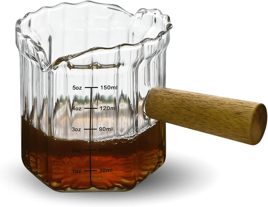 Glass Measuring Cup, 5oz Espresso Shot Glass with Wood Handle, Double Spouts Measuring Triple Pitcher Milk Cup for Coffee