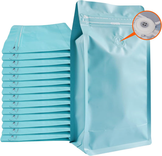Coffee Bags with Valve (50 PCS,16oz/1lb) Blue High Barrier Aluminum Foil Flat Bottom Standing Coffee Beans Storage Packaging