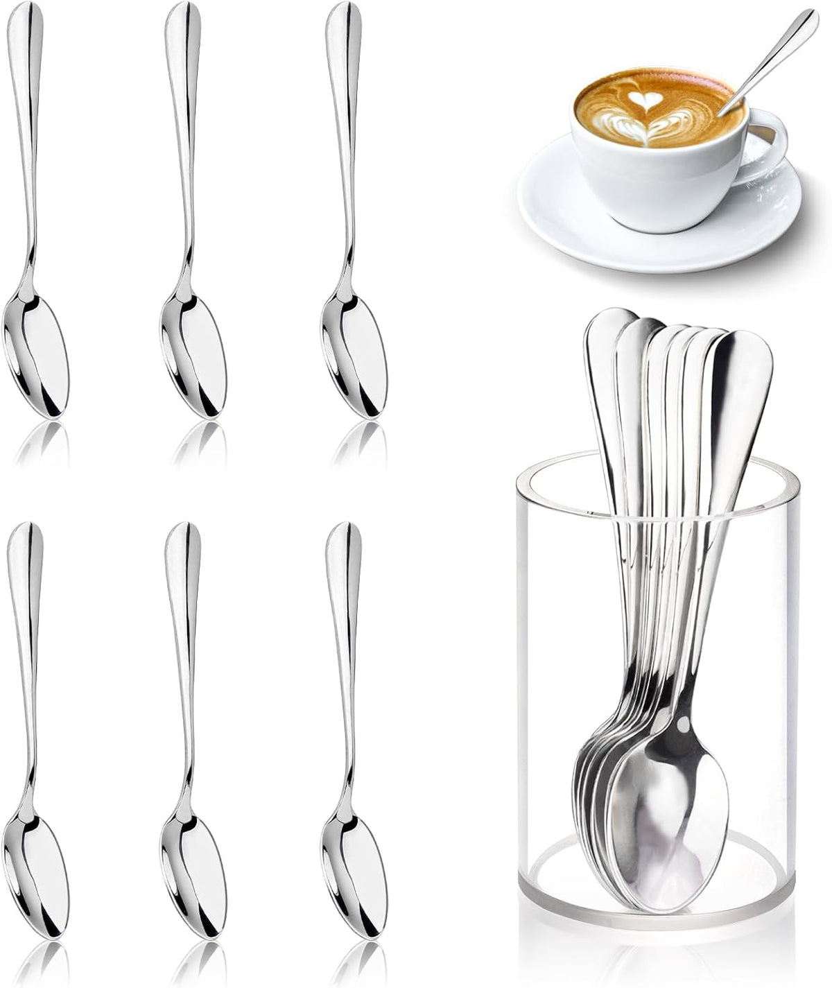 6 Pcs Mini Coffee Spoons with Holder 4.7 inch Demitasse Espresso Stainless Steel Spoons Silver with Acrylic Cylinder Holder