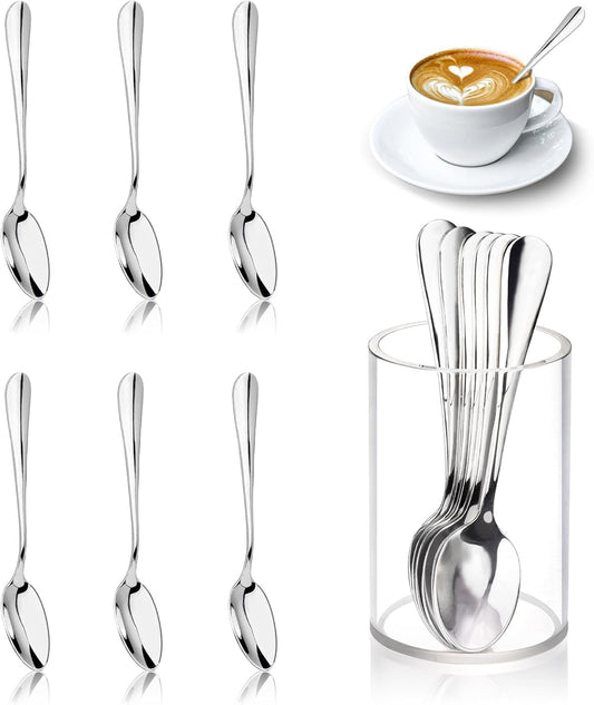 6 Pcs Mini Coffee Spoons with Holder 4.7 inch Demitasse Espresso Stainless Steel Spoons Silver with Acrylic Cylinder Holder for Coffee Bar Home Tea Party (6)
