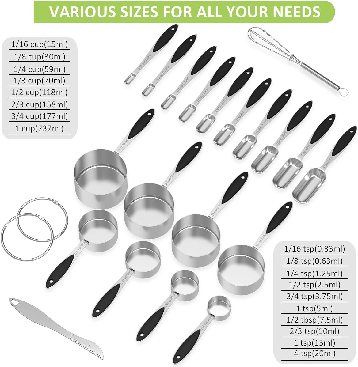 Measuring Cups and Measuring Spoons Set, Wildone Stainless Steel 8 Measuring Cups, 10 Measuring Spoons, 1 Leveler 1 Whisk &amp; 5 Mini Spoons, for Dry and Liquid Ingredient - 25 Piece Black