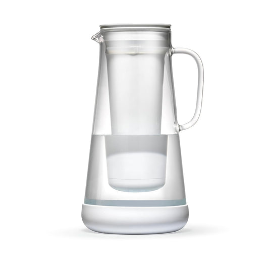 LifeStraw Home Water Pitcher, 7-Cup, White, Glass with Silicone Base, White, for Everyday Protection Against Bacteria,