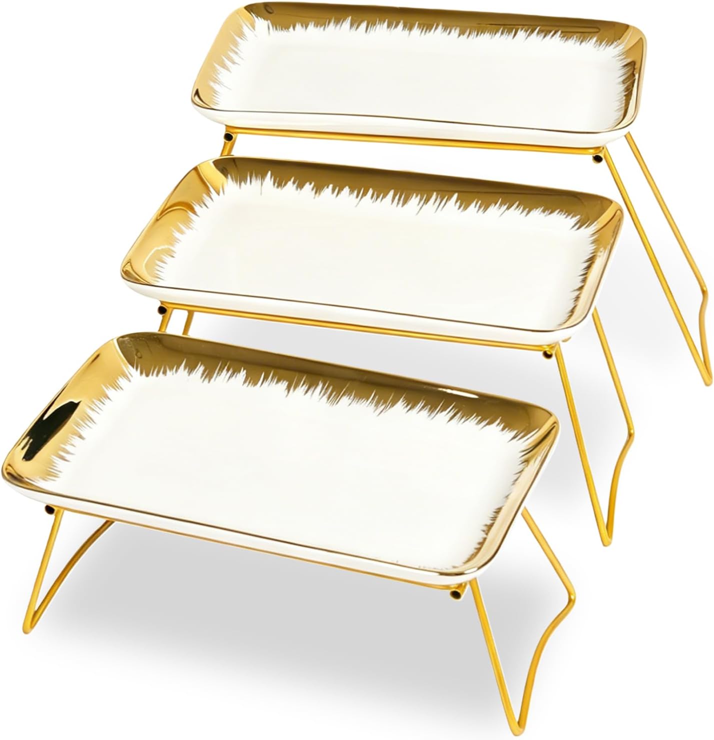 HAPPY KIT 3-Tier Porcelain Serving Tray 12in, Gold-Rimmed Combinable Rack | Freely Combinable Rack, Widened Porcelain Platters, Cupcake Stand Collapsible, Gold-Rimmed