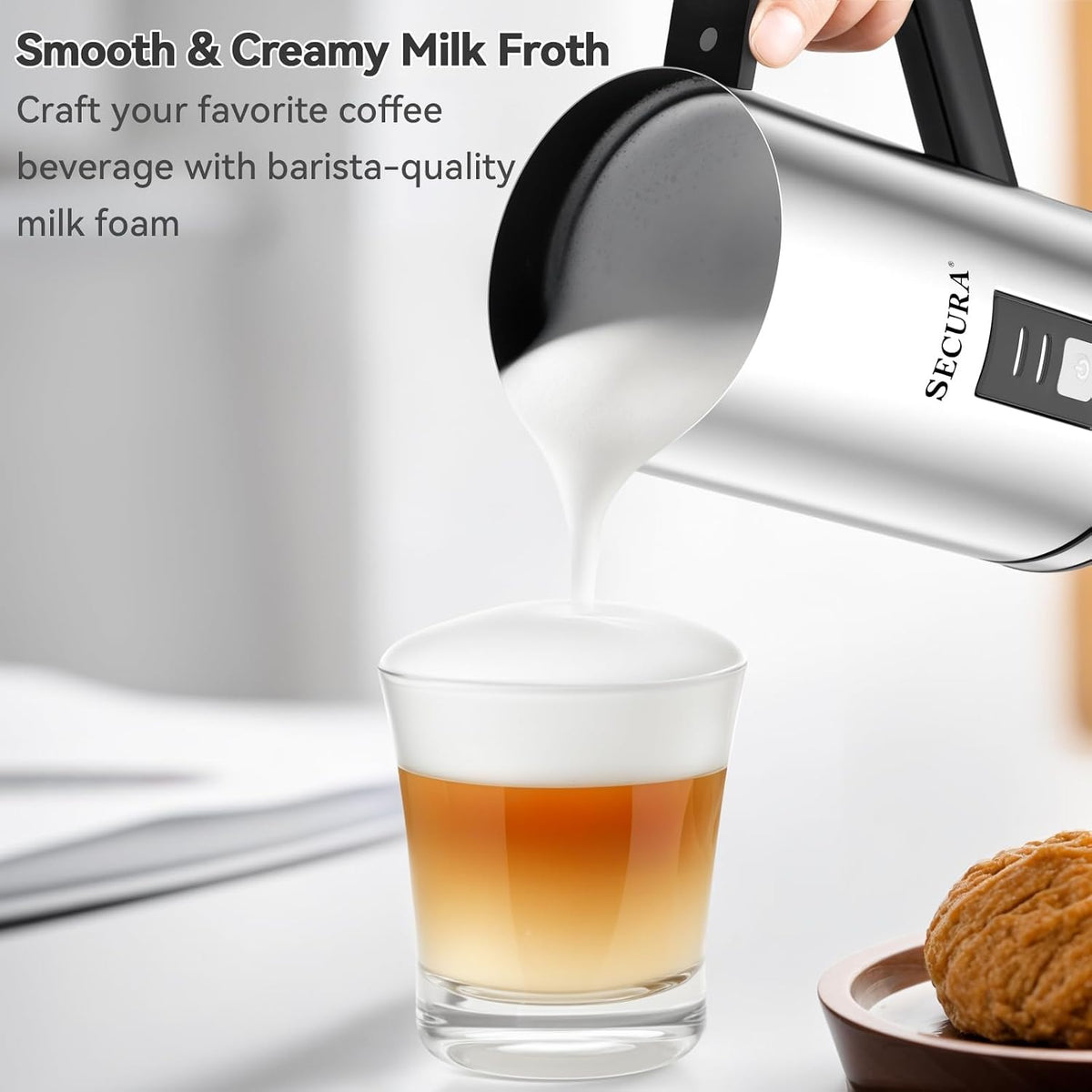 Secura Milk Frother, Automatic Hot &amp; Cold Foam Maker, 16.9oz Milk Warmer | Stainless Steel, Easy Cleaning, Strix Temperature Control, One-Touch Operation, Rich &amp; Creamy Milk Froth for Latte