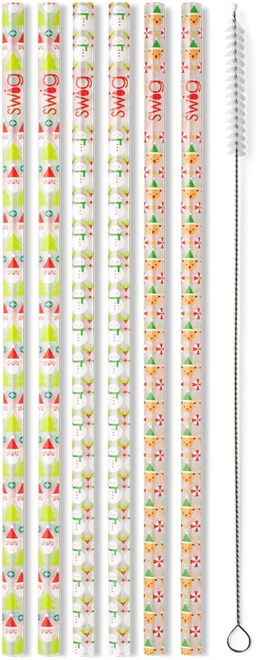 Swig Life Reusable Straws Christmas Crew Tall Straw Set & Cleaning Brush, Each Straw is 10.25 inch Long (Fits Swig Life 20oz