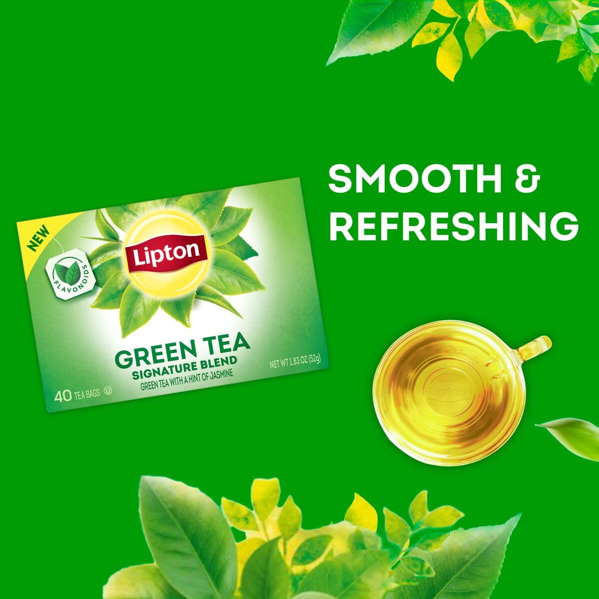 Lipton Green Tea Bags, 40 Count, Pack of 2 | Unsweetened | Contains Caffeine | With Flavonoids