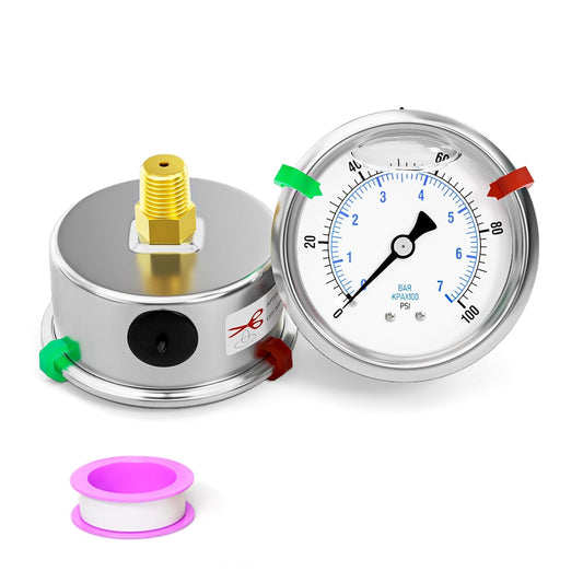 0-100psi Stainless Steel Glycerin Liquid Filled Pressure Gauge 1/4" NPT 2.5" Face Dial Center Back Mount, for Water, Oil and