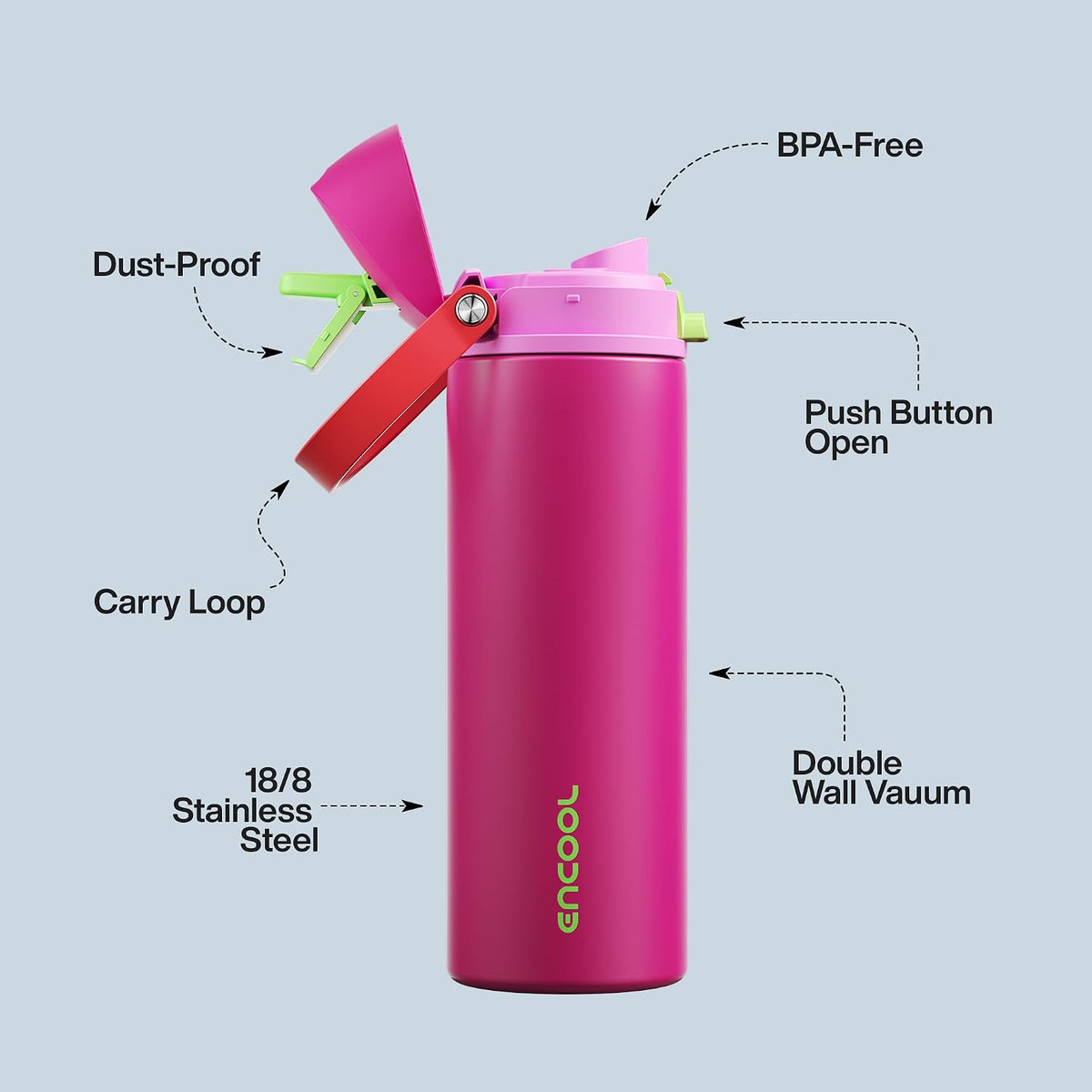 Insulated Water Bottle with Straw - Encool Stainless Steel Water Bottle with Push Button Lid, Leak-Proof &amp; BPA-Free, Keeps Cold for 24 Hours for Sports, Travel, Gym (24 oz, Cerise Pink)