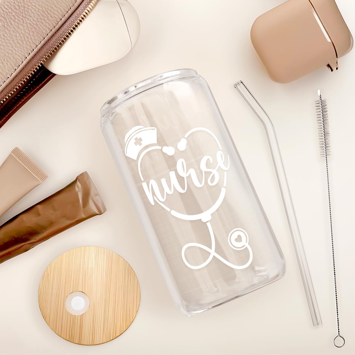 SANDJEST Nurse Glass Can, Nutrition Facts Cup with Lid &amp; Straw, Iced Coffee Aesthetic Cups, Idea Gift for Christmas Birthday Nurse Week, Gifts for Women, 16oz