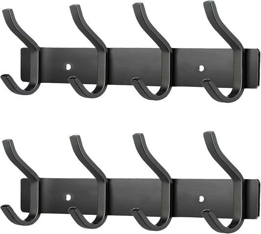 2 Pack Coat Rack Wall Mount, 12 Inch Wall Hooks with 4 Hooks, Black