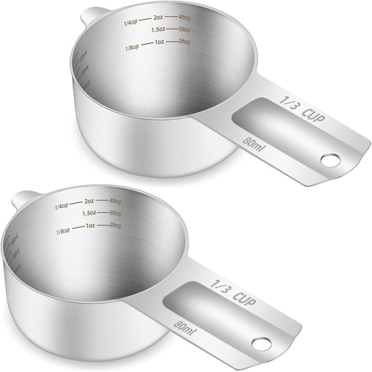2PCS 1/3Cup (80ml, 2.6oz) Single Measuring Cup, Etched Inner Scale Stainless Steel Measure Scoop, Metric and US Measurement,