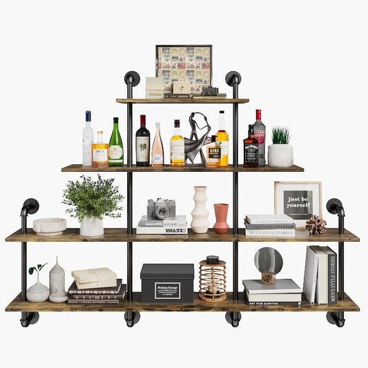 63" Industrial Pipe Shelving - 4 tier Rustic Solid Wood and Heavy Duty Metal Pipe Shelves for Wall,Kitchen Shelves Wall