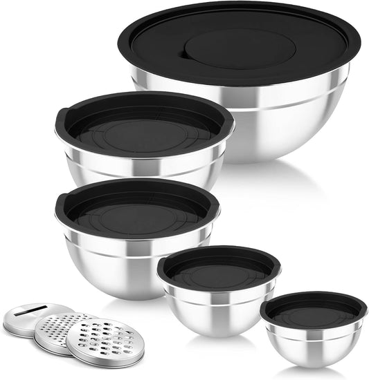 TeamFar Mixing Bowls with Airtight Lids, 5PCS Stainless Steel Metal Salad Bowl with 3 Grater Attachments, for Cooking,