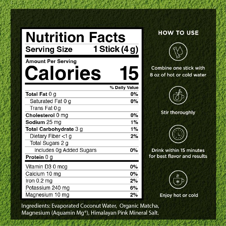 VitaCup Hydration Matcha Instant Packets w/Electrolytes, 20ct | for Natural Energy and Detox, w/Electrolytes, Ceremonial Grade Organic Matcha, Coconut Water, Pink Himalayan Salt, Magnesium