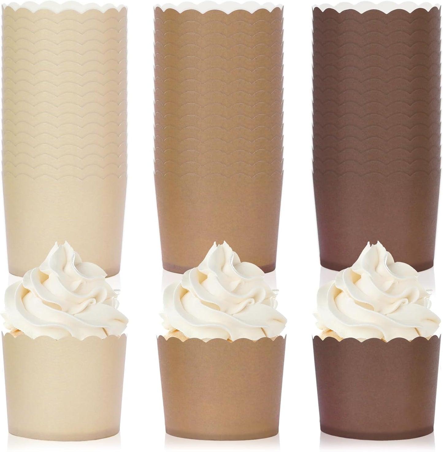 Whaline 120Pcs Brown Paper Baking Cups Scalloped Edge Cupcake Wrappers Gradient Brown Cupcake Muffin Cases for Wedding Birthday Baby Shower, 3 Colors
