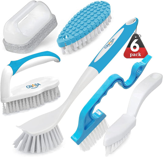 6 Pack Household Deep Cleaning Set - Kitchen, Bathroom & Floor Cleaning Brushes, Includes Scrub, Dish, Bottle, Grout,