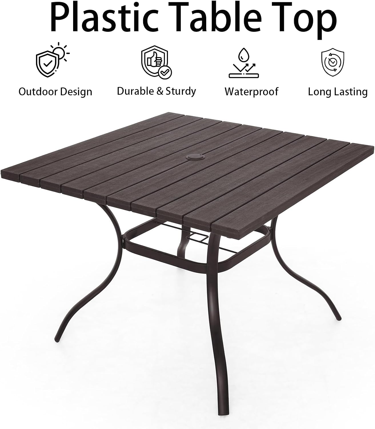 Anmutig 37" Outdoor Dining Table with 1.6" Umbrella Hole, Brown | Square Plastic Patio Table with Metal Steel Frame for