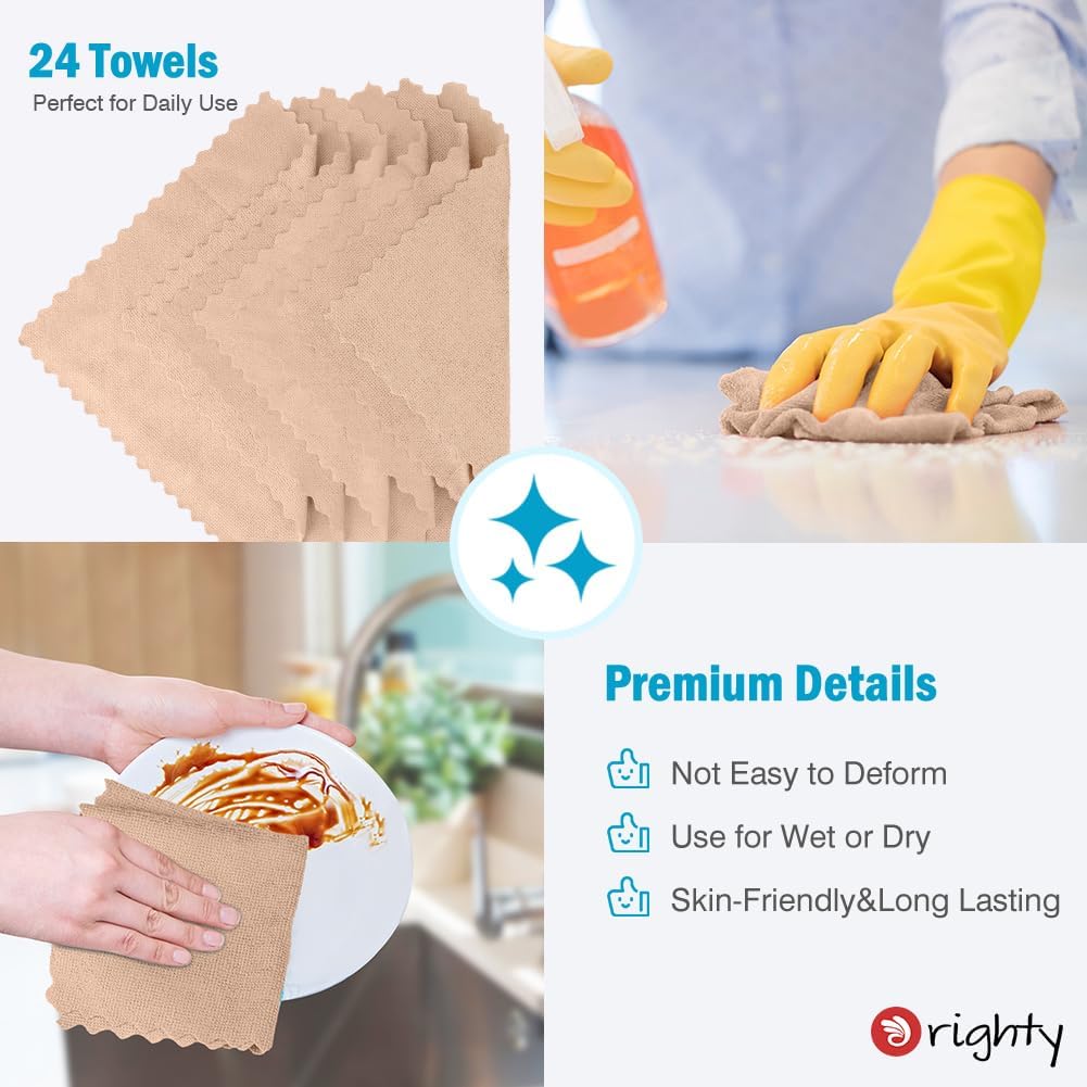 Orighty Microfiber Cleaning Cloth - 24 Pack, Brown Cleaning Rags 12x11 inch