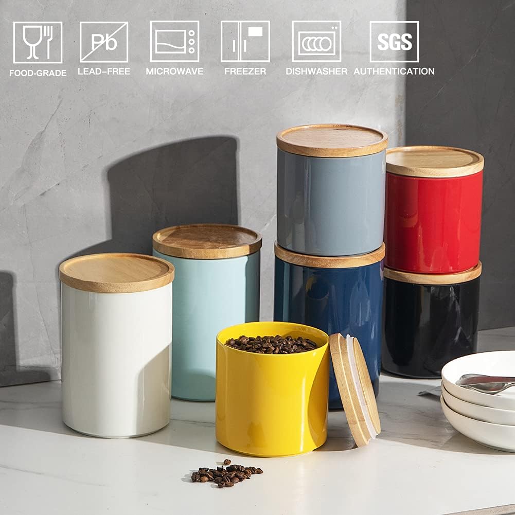 Sweejar Kitchen Canisters Ceramic Food Storage Jar, Stackable Containers with Airtight Seal Wooden Lid for Serving Coffee Bean, Flour, Tea, Spice and More - 39 Fl Oz (Turquoise)