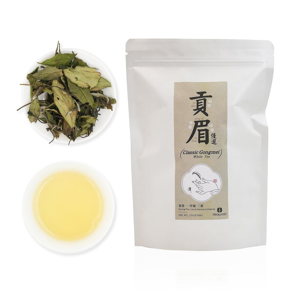 iTeaworld Gongmei Loose Leaf White Tea,Low Caffeine Multiple Steeping 1.7oz | Up to 100 Cups | Smooth Mellow Taste | Low Bitterness|Easy Mug Brewing|Perfect for Daily Drinking &amp; Relaxation